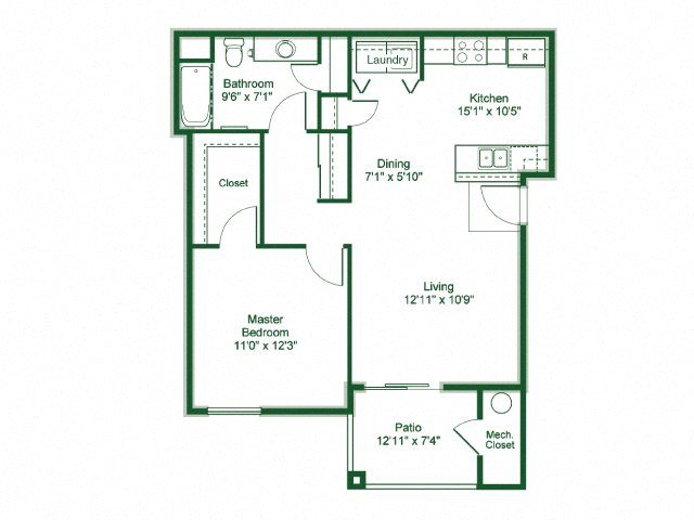 Floor plan for 1 bed, 1 bath, 841 sqft